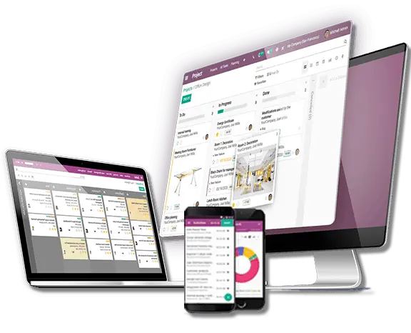 Odoo, открытая на разных устройствах: десктоп, планшет, смартфон